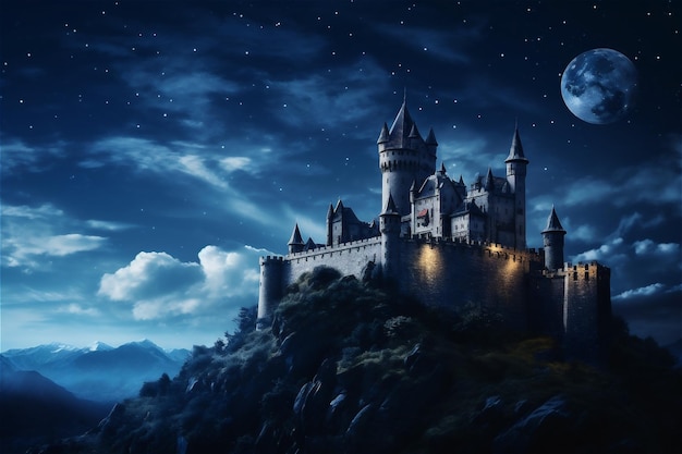 Eng kasteel 's nachts spookachtige plek op Halloween Donkere scène met gotisch kasteel in volle maan