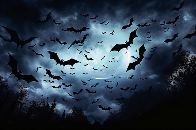 Eng nachtelijke hemel met vliegende vleermuizen Halloween achtergrond