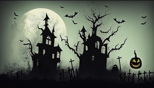 Eng Vector Halloween Landschap Spookhuis Spooky Kerkhof Vliegende Vleermuizen Betoverende Heks