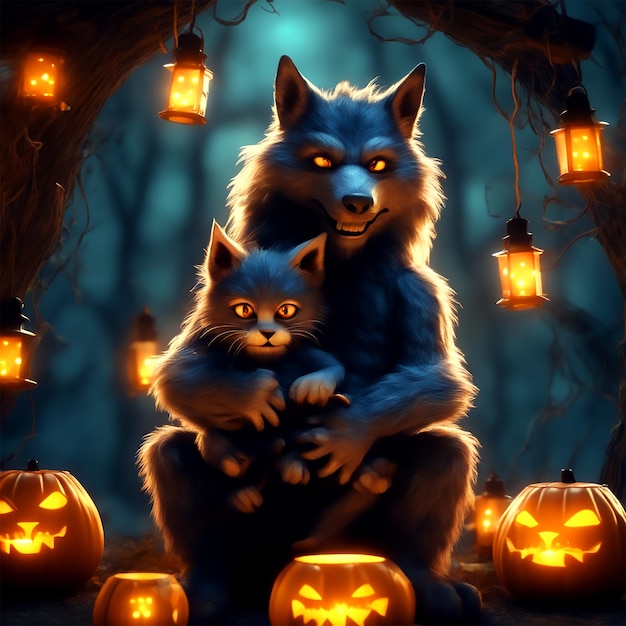 Eng volledig lichaam Halloween-weerwolf die een pluizig katje knuffelt Donker bos Vuurvliegjes Lantaarns Sterren