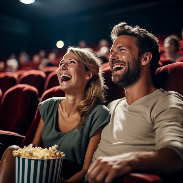 Engaged couple young men and women having fun sitting in the cinema watching a movie and eating popcorn Friendship entertainment concept
