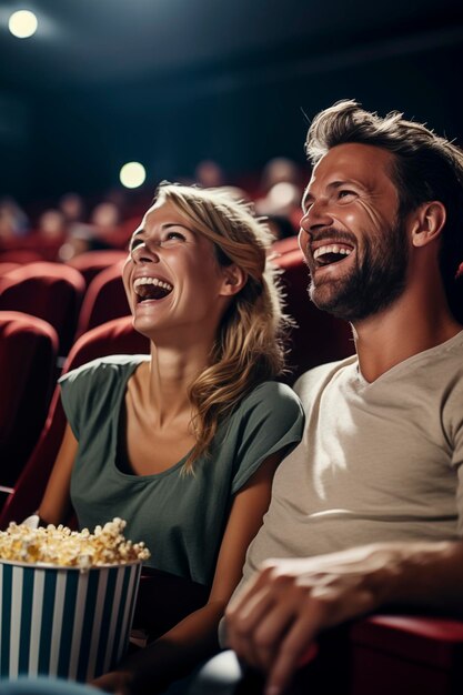 Engaged couple young men and women having fun sitting in the cinema watching a movie and eating popcorn Friendship entertainment concept