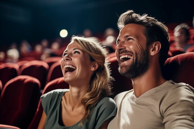 Engaged couple young men and women having fun sitting in the cinema watching a movie and eating popcorn Friendship entertainment concept