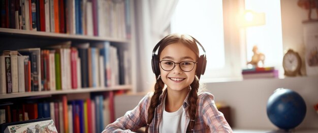 オンライン教育に従事しているヘッドフォンをかけた若い女の子がラップトップの画面に焦点を当て仮想学習体験に没頭している