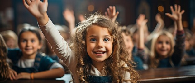 教師の質問に答えるために腕を挙げている学生