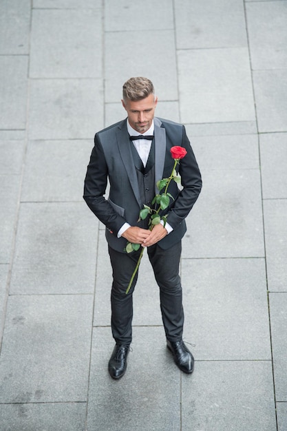 engagement date hoary tuxedo man celebrates engagement man with rose gift for engagement