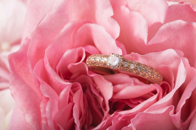 engagement ring on natural romantic pink flower