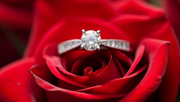 Engagement ring nestled within the petals of a vibrant red rose generated by artificial intelligenc