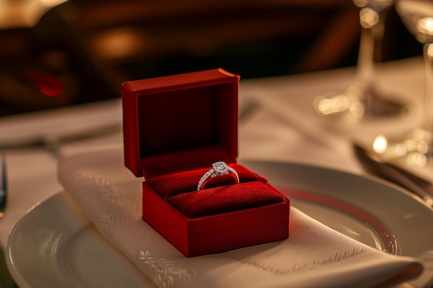 Engagement ring in a red box on a served table Valentines Day dinner