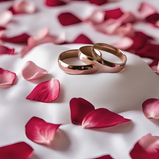 Engagement rings beside petals of roses