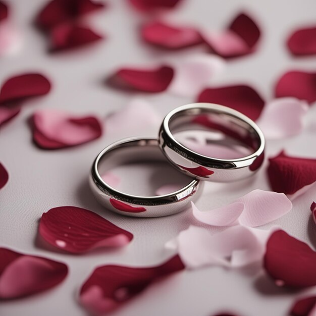 Engagement rings beside petals of roses