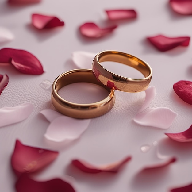 Engagement rings beside petals of roses