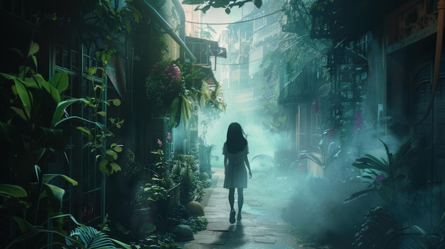 An engaging 3D depiction of a tomboy exploring a vaporshrouded city alley discovering luxury botanical medicines hidden away in the urban jungle advertise photo