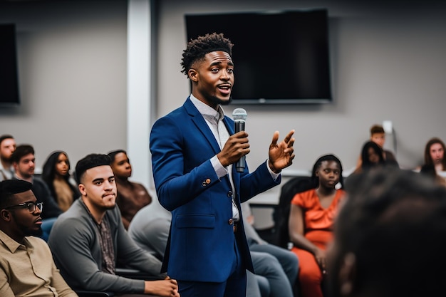 An engaging African American man delivers a dynamic corporate presentation Captivating his audience