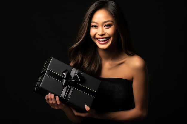 Foto una coinvolgente promozione del black friday con un'accattivante fotografia di una modella sorridente che mostra una confezione regalo in uno studio ai generativa