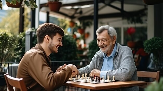 The Engaging Bond Quality Time Spent Outdoors Caregiver and Client Engrossed in Chess Savoring C