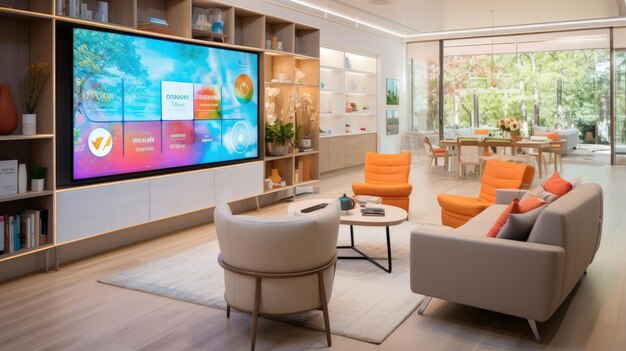 Photo engaging family room in a smart home with interactive touchscreen