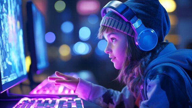 사진 흥미진진 한 게임 플레이 컴퓨터 게임 경험을 즐기는 소녀