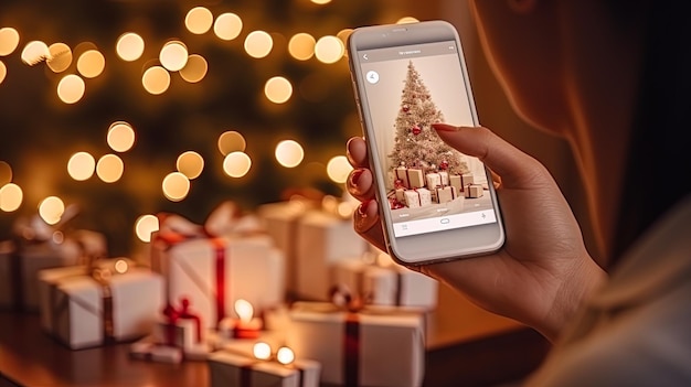 Engaging in holiday shopping a woman39s hands in a white sweater order Christmas items via smartpho