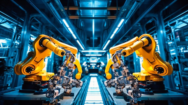 Привлекательный образ будущих роботов и людей, работающих вместе, демонстрирующий потенциал для повышения производительности и сотрудничества.