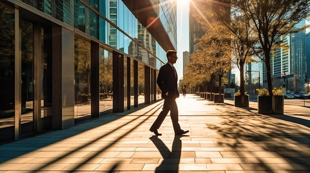 Photo an engaging image showcasing a male businessman's confident stride and elongated shadow among classy office buildings