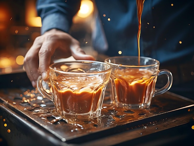 Engaging view of fresh coffee being poured into two glass cups capturing the dynamic splash and rich texture of the drink Generative AI