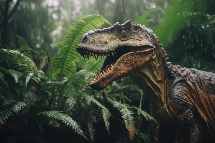 Foto enge griezelige dinosaurus in de regenachtige jungle