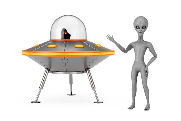 Enge grijze humanoïde alien in de buurt van schattige ruimteschip Cartoon UFO 3D-rendering