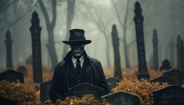 Enge man op het kerkhof met een hoed en een zwarte mantel