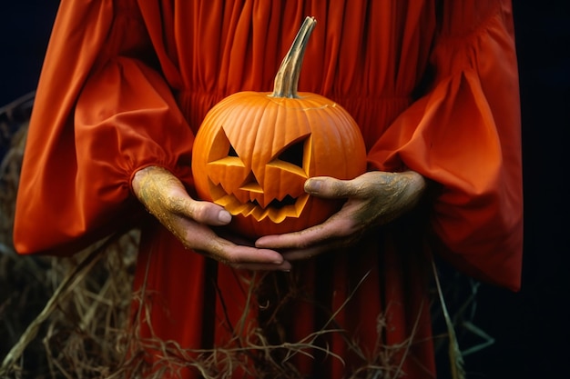 Enge vrouwelijke heksenhanden die een pompoen vasthouden voor Halloween