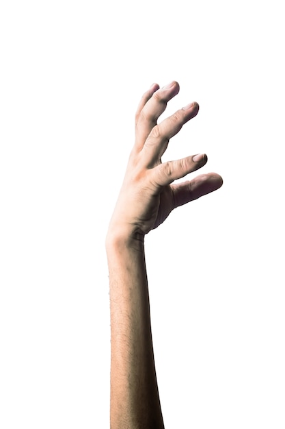 Foto enge zombiehand die op witte achtergrond wordt geïsoleerd