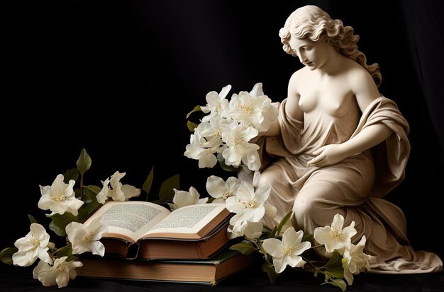 engel standbeeld en witte bloemen op een open boek in de stijl van serene sferen