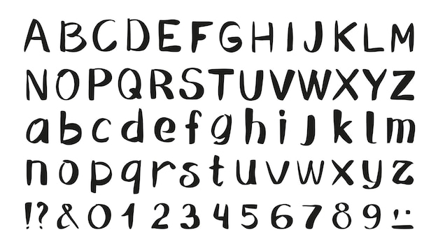 Engels alfabet set van marker penseel stroke textuur Doodle handschrift elementen met Latijnse letters en cijfers Zwarte handgetekende kalligrafie script grunge ruw schrijven lettertype Vector illustratie