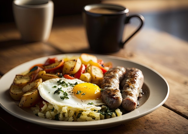 Engels ontbijt met de aardappel van gebraden gerechteneieren en worstjes Generatieve AI