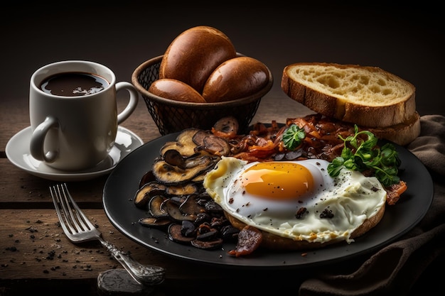 Engels ontbijt met gebakken eierworsten, champignons en brood Generatieve AI