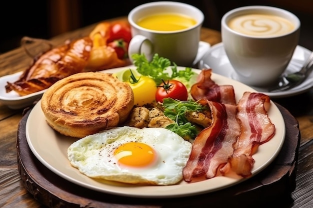 Engels ontbijt op de witte plaat eieren met vloeibare dooierworsten vork en mes croissants koffie met melk Generatieve AI illustratie