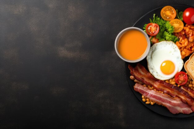 Engels ontbijt op een bord met roerei, worstjes, bacon, bonen, toast en koffie op een donkere stenen achtergrond ai generatief