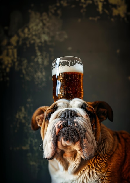 Foto engelse bulldog met een pint bier op zijn hoofd op vintage behang bar pub en bierhal concept