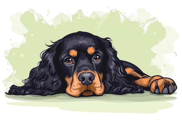 Foto engelse cocker spaniel hond liggend op een groene achtergrond cartoon stijl illustratie