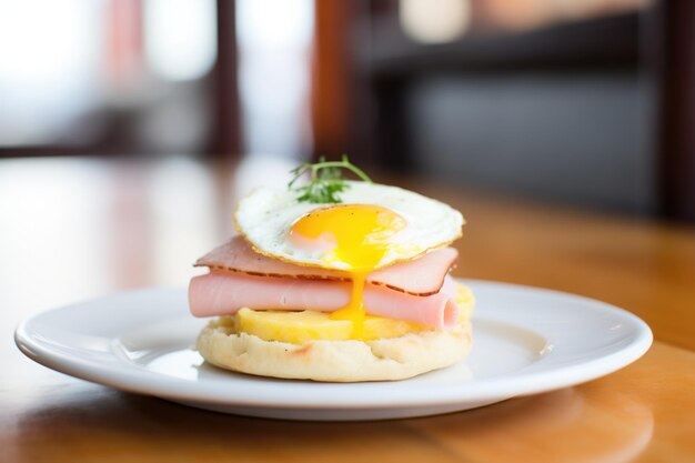 Engelse muffin ham en ei sandwich met gesmolten kaas