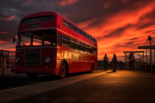 Engelse stijlbus bij zonsondergang