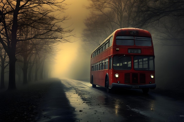 Engelse stijlbus in de mist op een weg met bomen