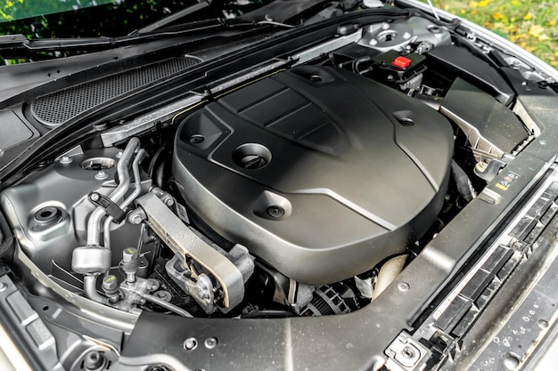 The engine compartment of a modern car