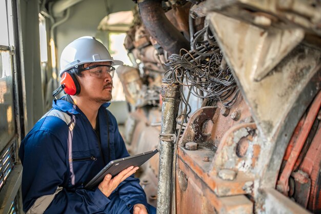 Engine engineer inspecting large machines in factoryRailway engine maintenance technicianengine repair mechanical manager