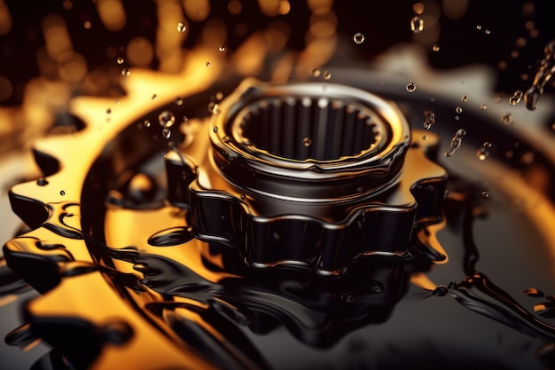 Photo engine gears filled with engine oil closeup of parts of engine gear in golden yellow engine oil