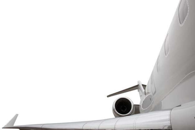 Photo engine on a modern private jet airplane with a tail wing isolated on white background