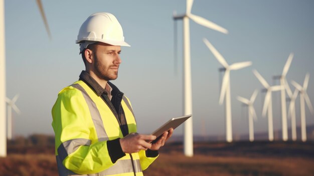 Engineer 40s standing working with tablet wind turbine farm in blur background Generative AI AIG20