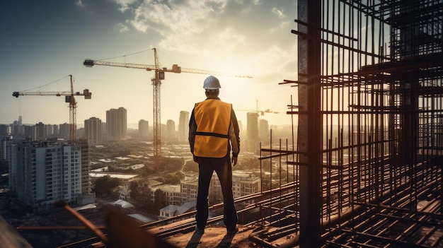 Engineer or architect working on construction site with sunset sky background Generative AI