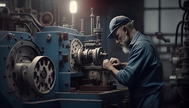 Engineer in a blue jumpsuit and white hardhat operating a lathe AI Generative