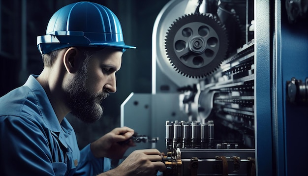 Engineer in a blue jumpsuit and white hardhat operating a lathe AI Generative